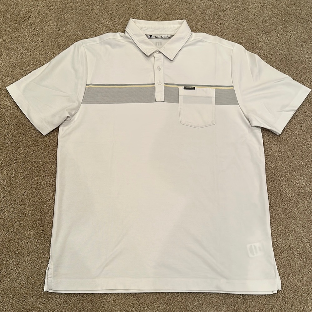 Travis Mathew Polo. Sz L. Yellow & Gray Stripes.